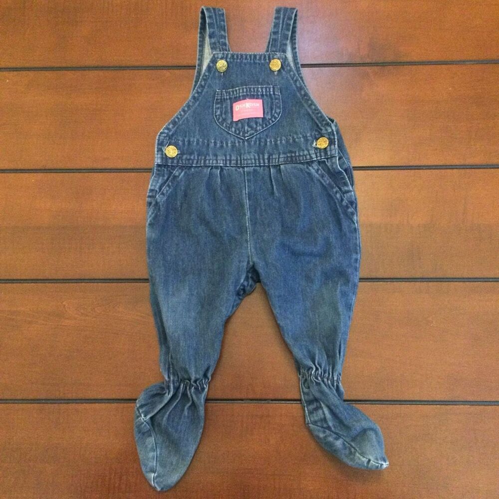 vintage OshKosh B'gosh blue denim footed baby overalls classic pink logo made in